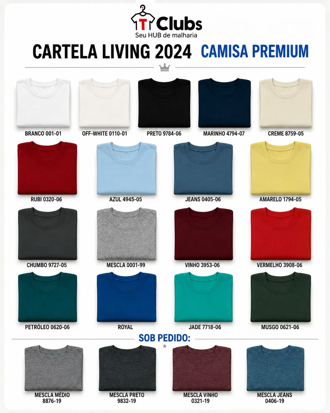 Cartela de cores da Camisa Premium 2024 da Tclubs